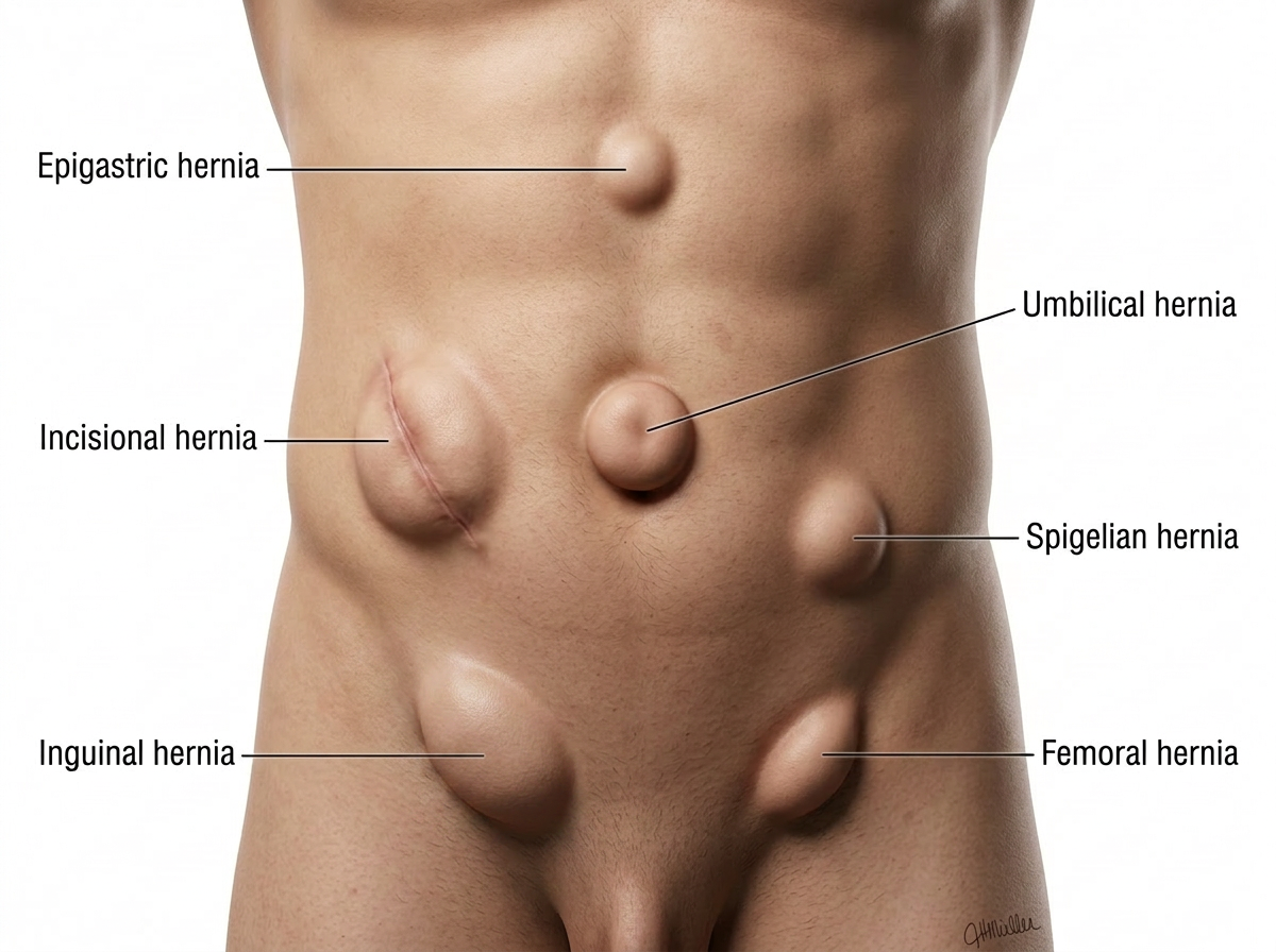 Illustration showing common abdominal and groin hernia locations including inguinal, femoral, umbilical, epigastric, incisional and Spigelian hernias.
